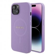 Telefono Dėklas Etui Guess Saffiano MagSafe do iPhone 15 Plus Violetinis KOW068