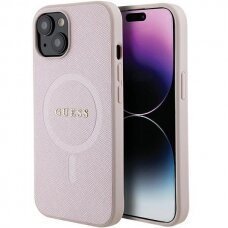 Telefono Dėklas Guess Saffiano MagSafe case for iPhone 15 Plus Rožinis KOW068