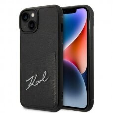 Telefono Dėklas Karl Lagerfeld Signature Logo Cardslot iPhone 14 Odinis Juodas GNZ022