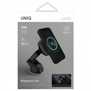 Telefono Laikiklis Holder Uniq magnetic car mount Magneo with wireless charging 3in1 Car dash & Vent Mount Juodas 9